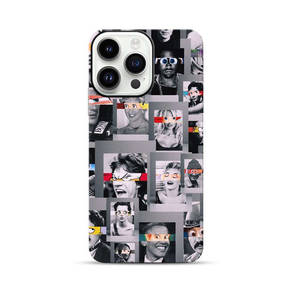 Creative Collage of Iconic Black and White Portraits with Cartoon Eyes iPhone 14 Pro Max Impact Case