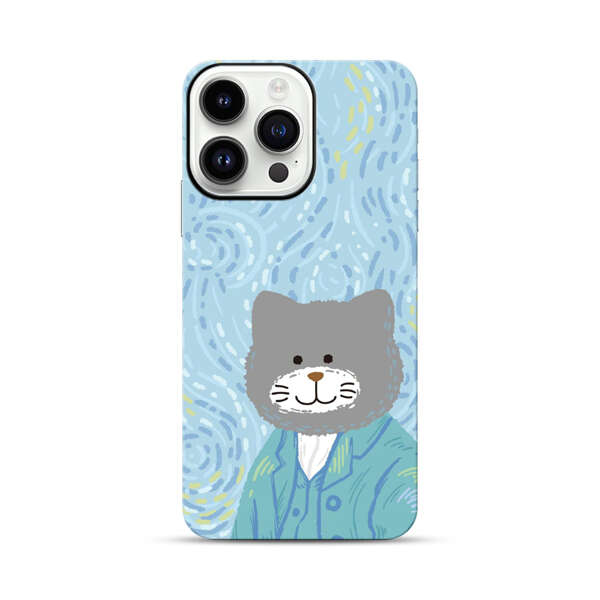 Whimsical Gray Cat with Starry Night Background iPhone 14 Pro Max Impact Case