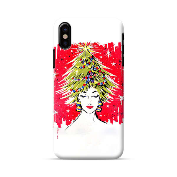 Christmas Tree Hair Woman Red Background iPhone X/XS Hard Case