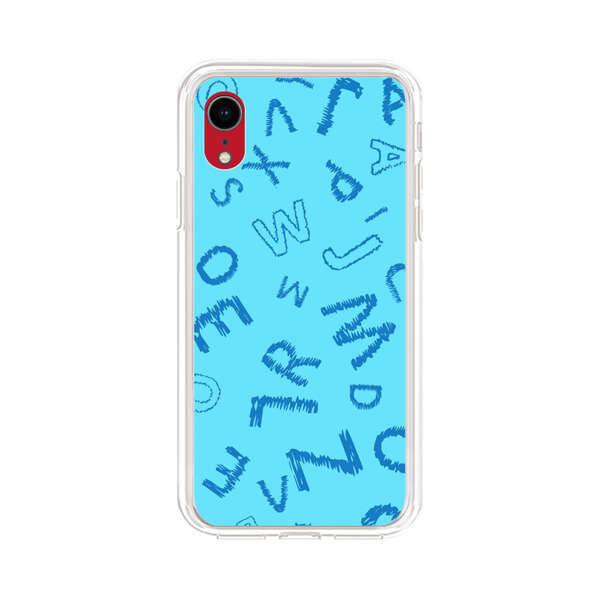 Blue background with random sketched alphabet letters iPhone XR Case