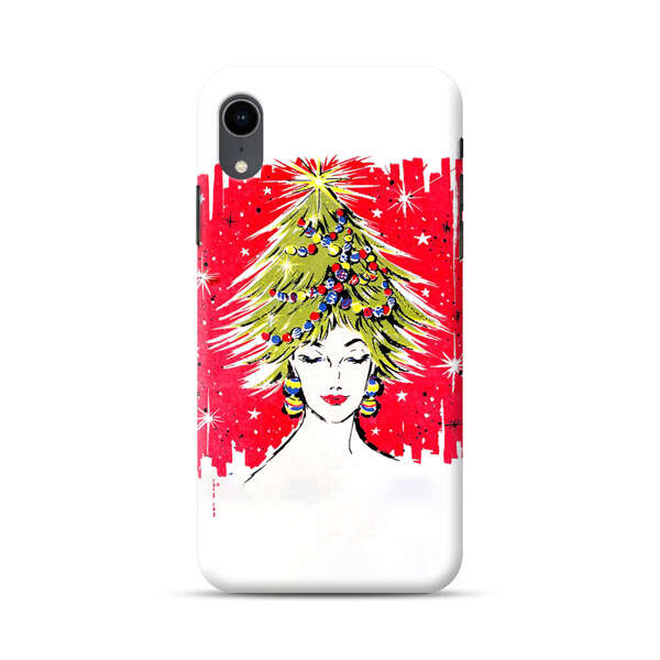 Christmas Tree Hair Woman Red Background iPhone XR Hard Case