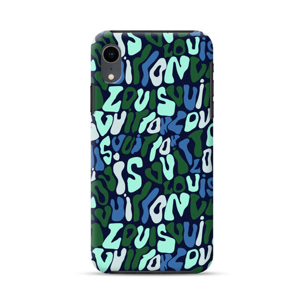 Abstract Layered Text Pattern in Blue and Green iPhone XR Impact Case