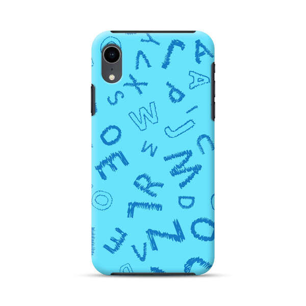 Blue background with random sketched alphabet letters iPhone XR Impact Case