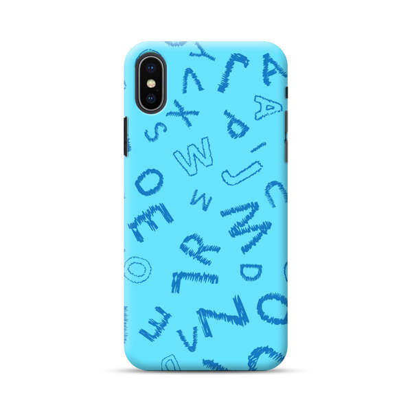 Blue background with random sketched alphabet letters iPhone XS Max Hard Case