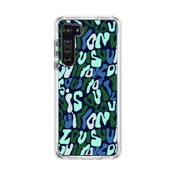 Abstract Layered Text Pattern in Blue and Green Motorola Edge (2020) Case