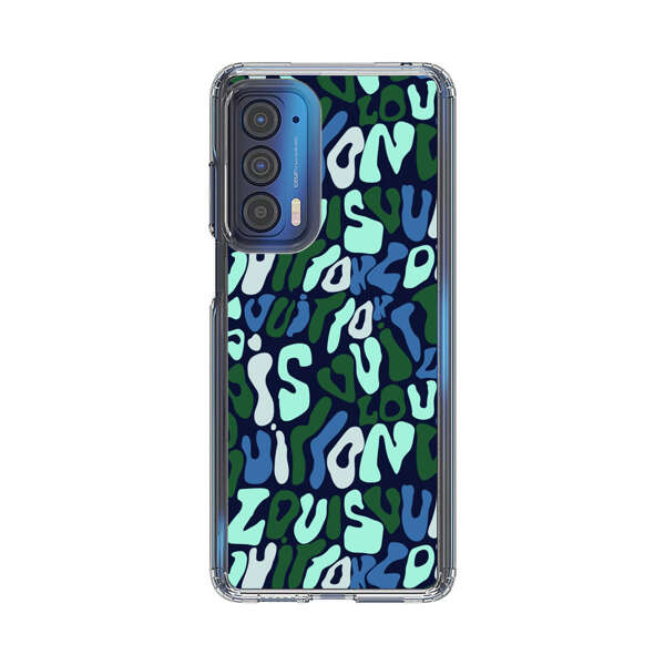 Abstract Layered Text Pattern in Blue and Green Motorola Edge (2021) Case