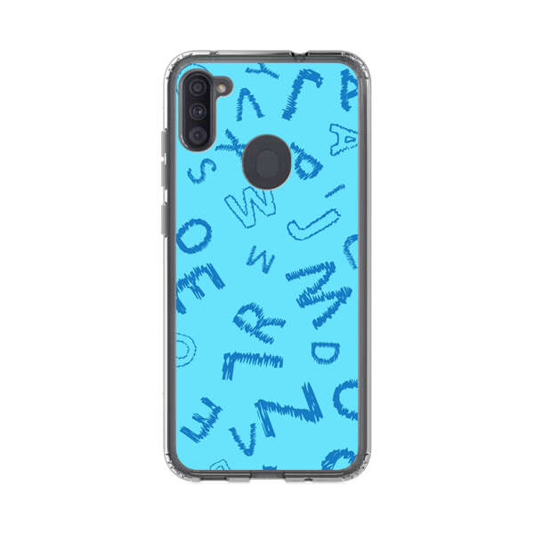 Blue background with random sketched alphabet letters Samsung Galaxy A11 Case