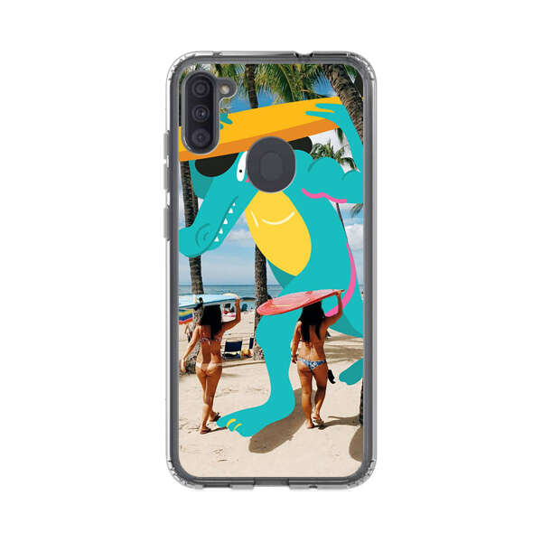 Cartoon Alligator Carrying Surfboards on Beach Samsung Galaxy A11 Case