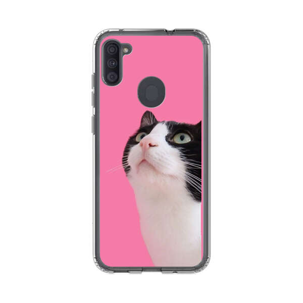 Curious Black and White Cat on Pink Background Samsung Galaxy A11 Case