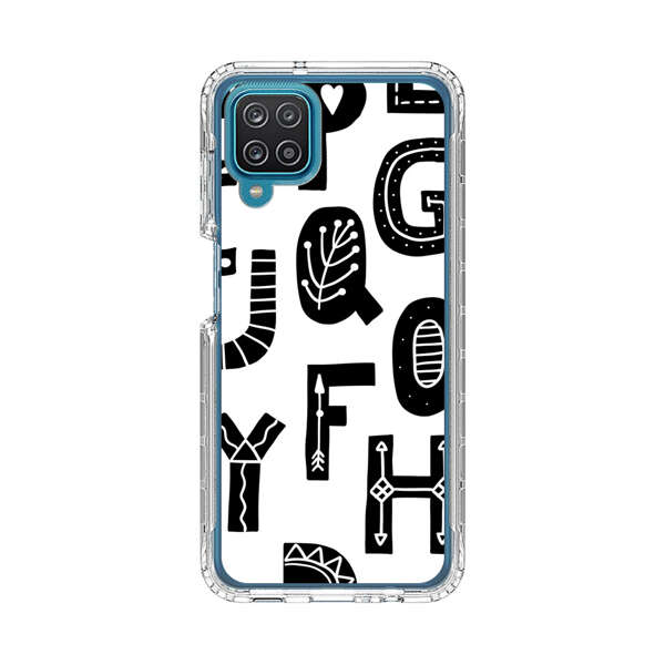 Black and White Hand-Drawn Alphabet Letters Pattern Samsung Galaxy A12 Case