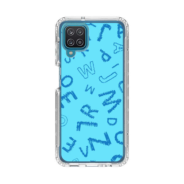 Blue background with random sketched alphabet letters Samsung Galaxy A12 Case