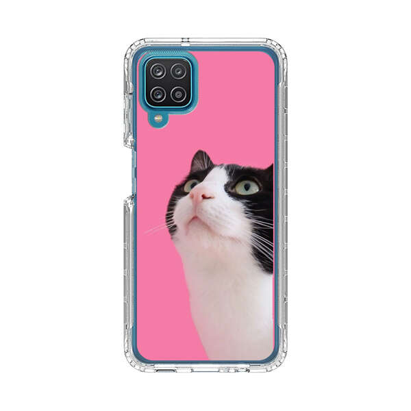 Curious Black and White Cat on Pink Background Samsung Galaxy A12 Case