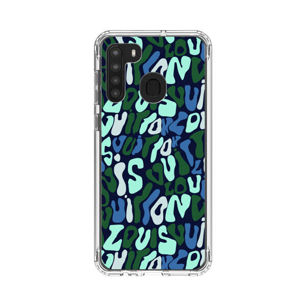 Abstract Layered Text Pattern in Blue and Green Samsung Galaxy A21 Case