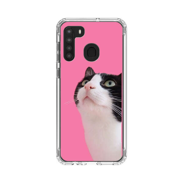 Curious Black and White Cat on Pink Background Samsung Galaxy A21 Case