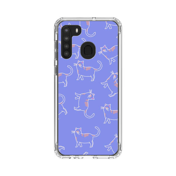Playful Cartoon Cats on Purple Background Samsung Galaxy A21 Case