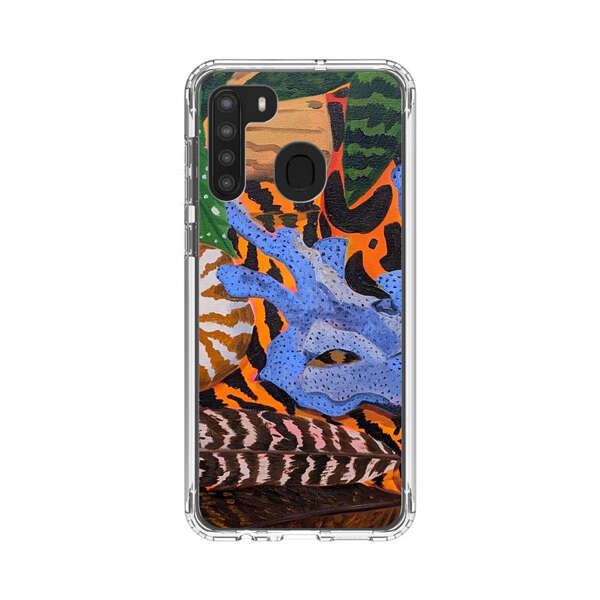 Tropical Coral Seashell Feathers on Tiger Pattern Samsung Galaxy A21 Case