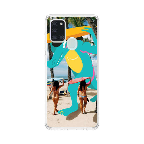 Cartoon Alligator Carrying Surfboards on Beach Samsung Galaxy A21s Case