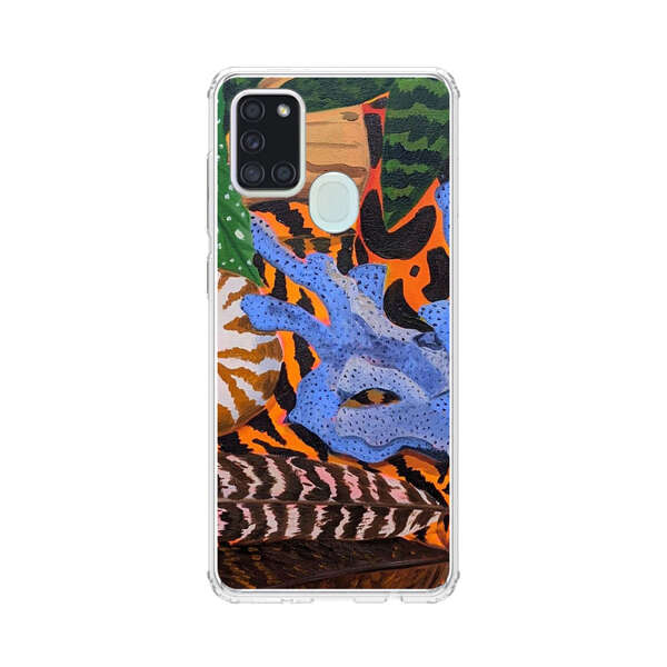 Tropical Coral Seashell Feathers on Tiger Pattern Samsung Galaxy A21s Case