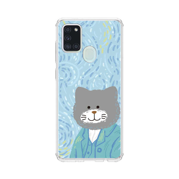 Whimsical Gray Cat with Starry Night Background Samsung Galaxy A21s Case
