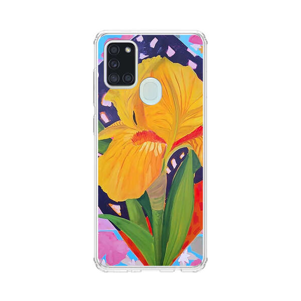Yellow Iris Flower with Colorful Patchwork Background Samsung Galaxy A21s Case