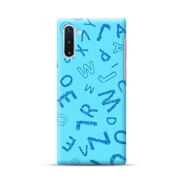 Blue background with random sketched alphabet letters Samsung Galaxy Note10 Hard Case