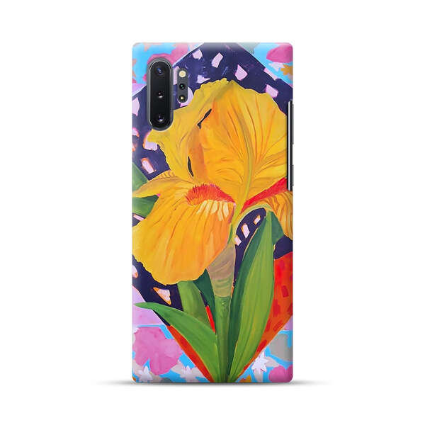 Yellow Iris Flower with Colorful Patchwork Background Samsung Galaxy Note10 Plus Hard Case