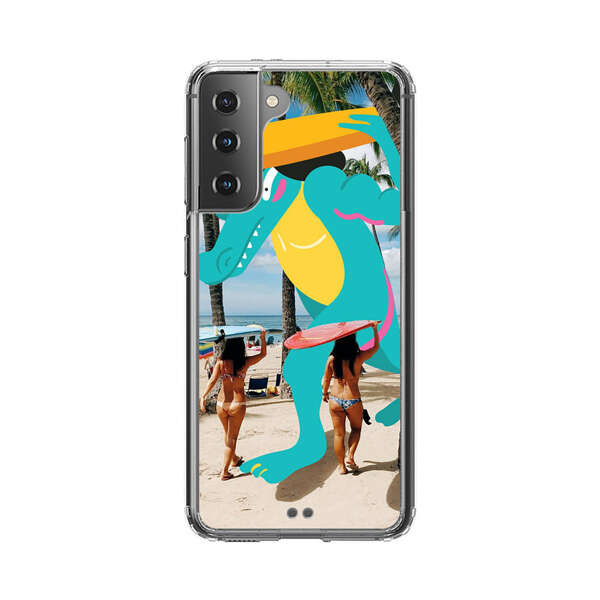 Cartoon Alligator Carrying Surfboards on Beach Samsung Galaxy S21 5G Case