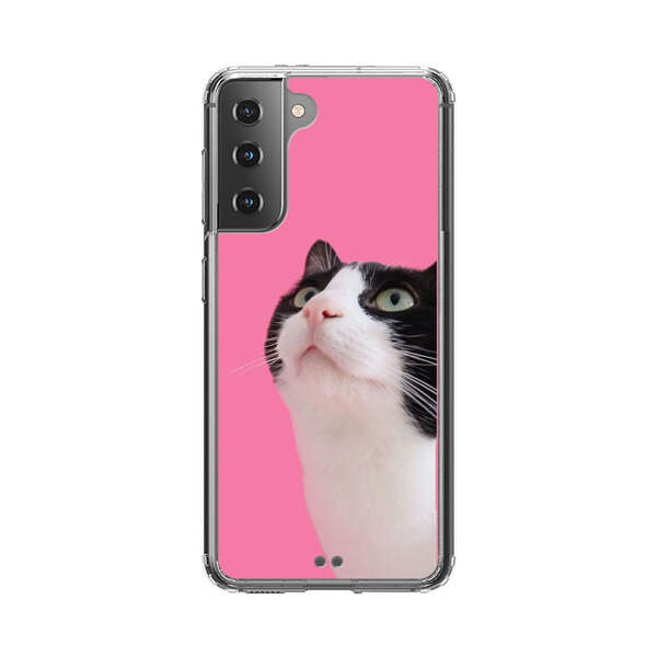 Curious Black and White Cat on Pink Background Samsung Galaxy S21 5G Case