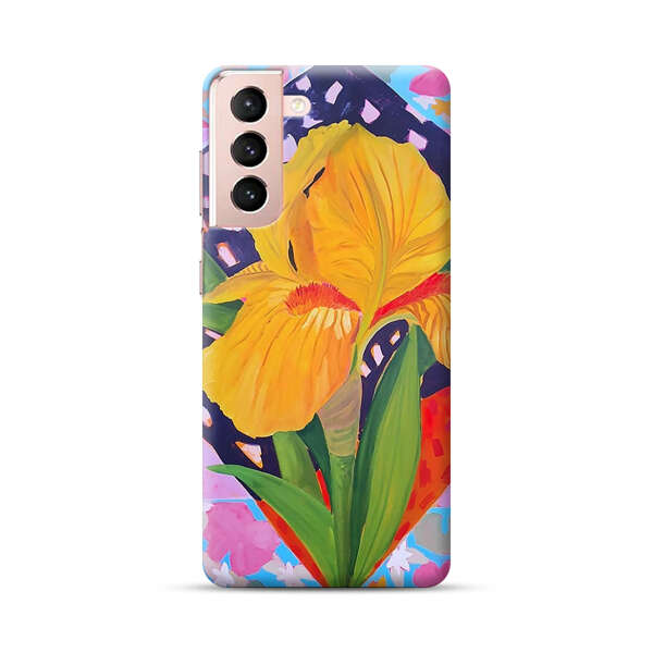Yellow Iris Flower with Colorful Patchwork Background Samsung Galaxy S21 5G Hard Case