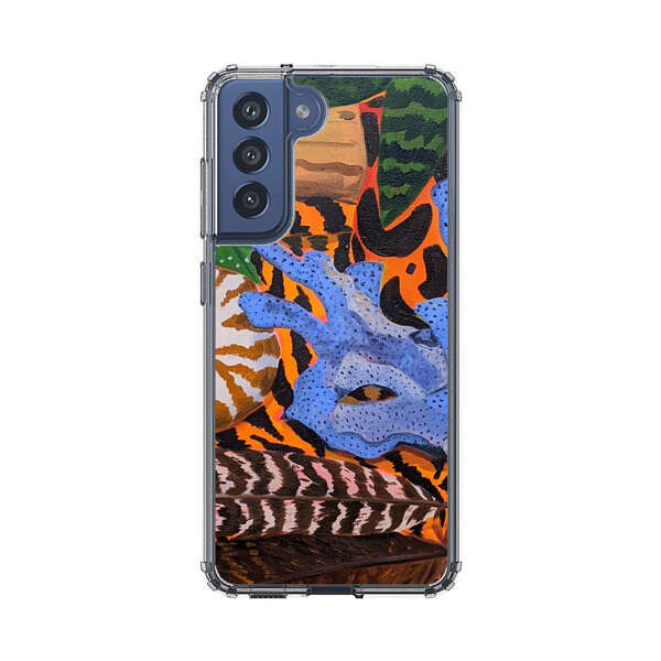 Tropical Coral Seashell Feathers on Tiger Pattern Samsung Galaxy S21 FE 5G Case