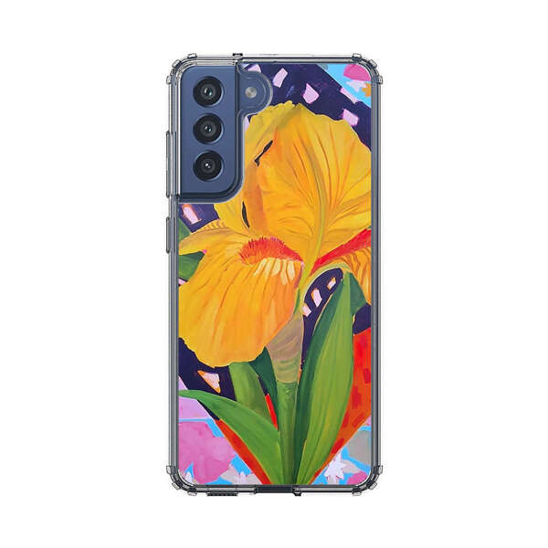 Yellow Iris Flower with Colorful Patchwork Background Samsung Galaxy S21 FE 5G Case