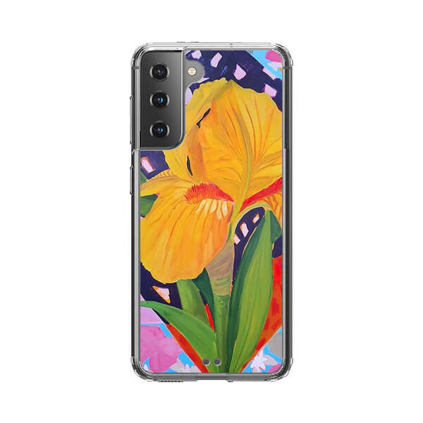 Yellow Iris Flower with Colorful Patchwork Background Samsung Galaxy S21 Plus 5G Case