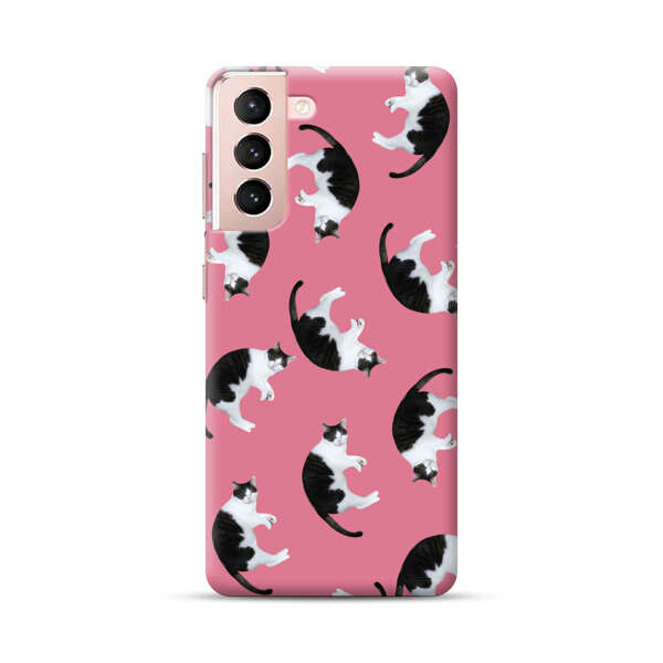 Black and White Cats Pattern on Pink Background Samsung Galaxy S21 Plus 5G Hard Case