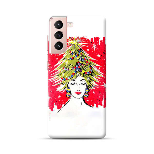 Christmas Tree Hair Woman Red Background Samsung Galaxy S21 Plus 5G Hard Case