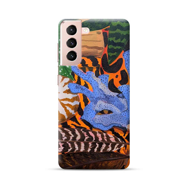 Tropical Coral Seashell Feathers on Tiger Pattern Samsung Galaxy S21 Plus 5G Hard Case