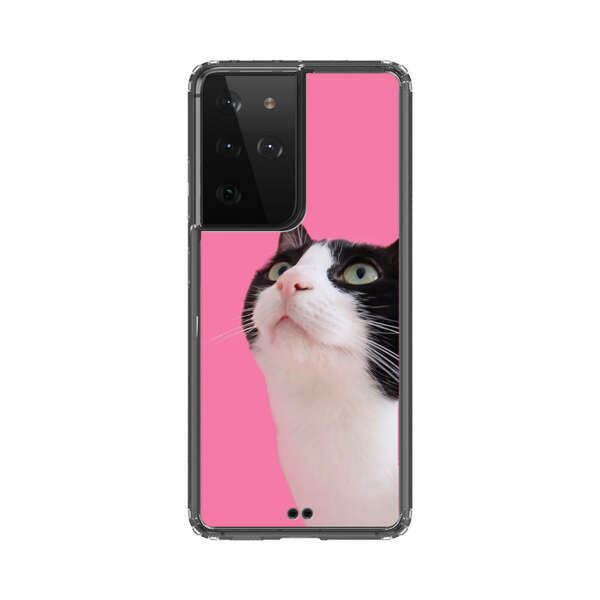 Curious Black and White Cat on Pink Background Samsung Galaxy S21 Ultra 5G Case