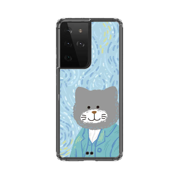 Whimsical Gray Cat with Starry Night Background Samsung Galaxy S21 Ultra 5G Case
