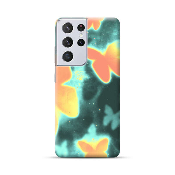 Bright Glowing Orange Butterflies Blue Background Samsung Galaxy S21 Ultra 5G Hard Case