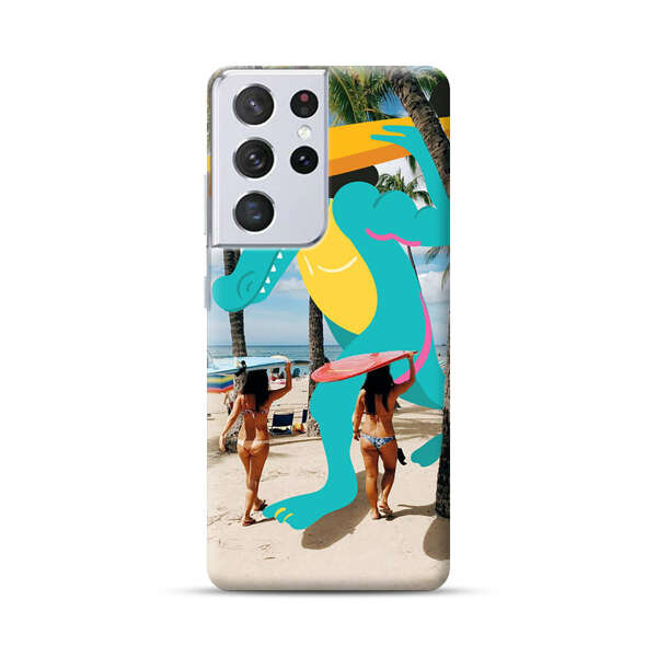 Cartoon Alligator Carrying Surfboards on Beach Samsung Galaxy S21 Ultra 5G Hard Case