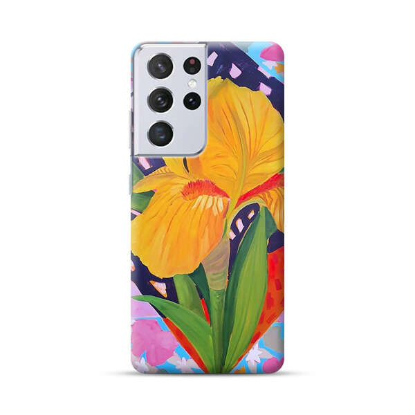 Yellow Iris Flower with Colorful Patchwork Background Samsung Galaxy S21 Ultra 5G Hard Case