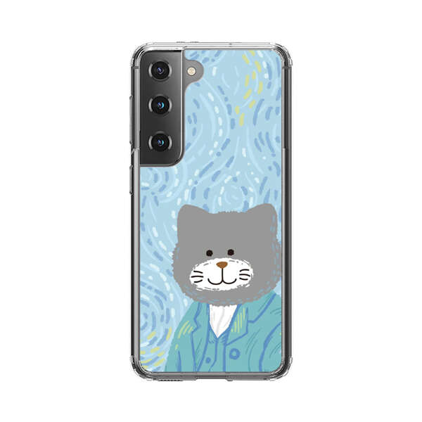 Whimsical Gray Cat with Starry Night Background Samsung Galaxy S22 5G Case