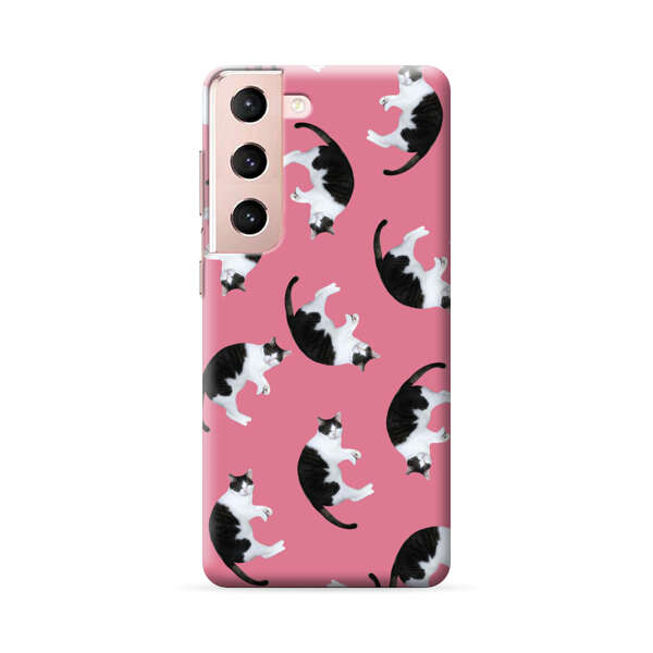 Black and White Cats Pattern on Pink Background Samsung Galaxy S22 Plus 5G Hard Case