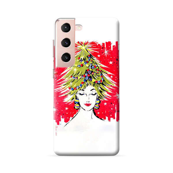 Christmas Tree Hair Woman Red Background Samsung Galaxy S22 Plus 5G Hard Case