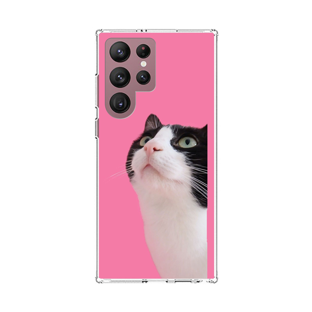 Curious Black and White Cat on Pink Background Samsung Galaxy S22 Ultra 5G Case