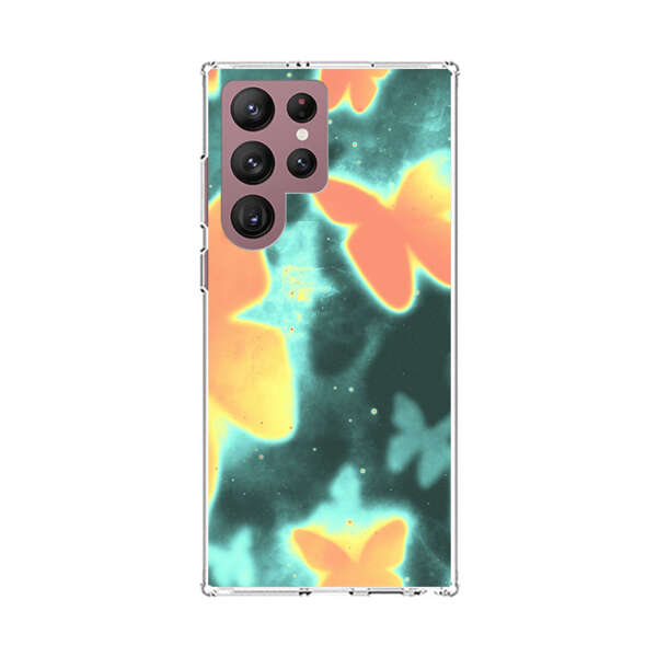 Bright Glowing Orange Butterflies Blue Background Samsung Galaxy S22 Ultra 5G Case