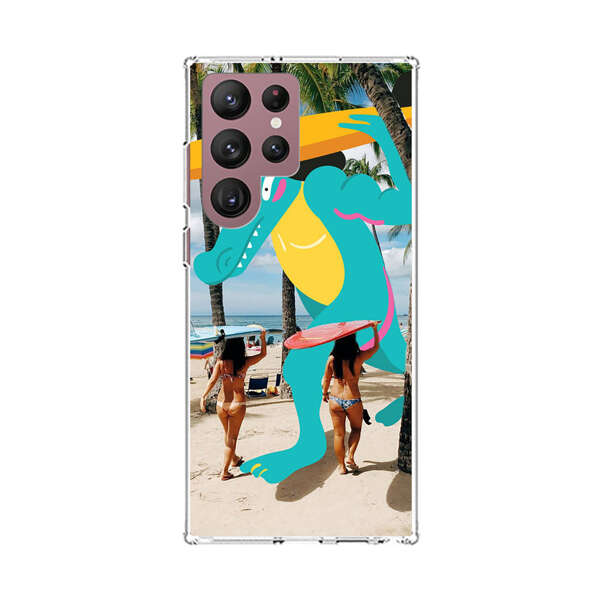Cartoon Alligator Carrying Surfboards on Beach Samsung Galaxy S22 Ultra 5G Case