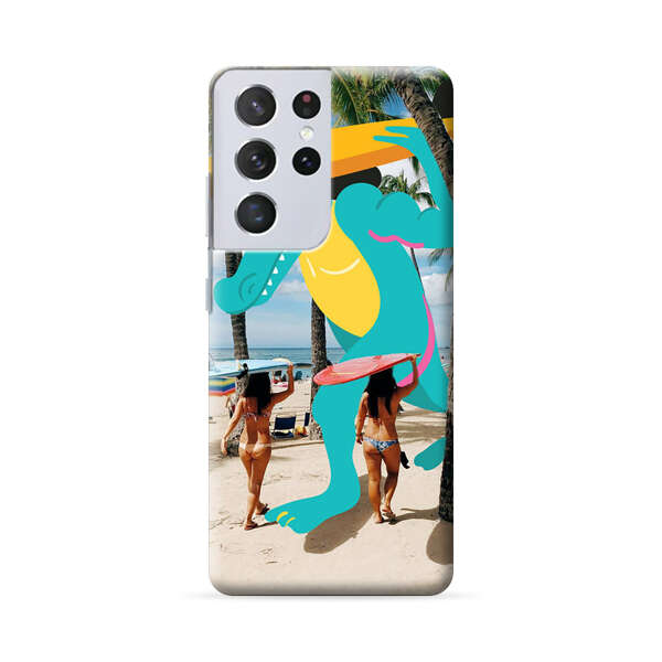Cartoon Alligator Carrying Surfboards on Beach Samsung Galaxy S22 Ultra 5G Hard Case