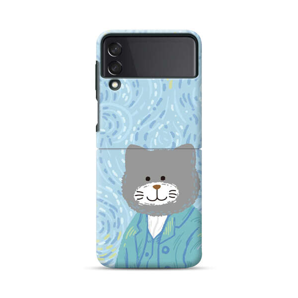 Whimsical Gray Cat with Starry Night Background Samsung Galaxy Z Flip 3 (5G) Hard Case