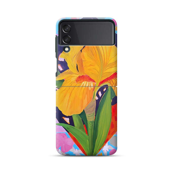 Yellow Iris Flower with Colorful Patchwork Background Samsung Galaxy Z Flip 3 (5G) Hard Case