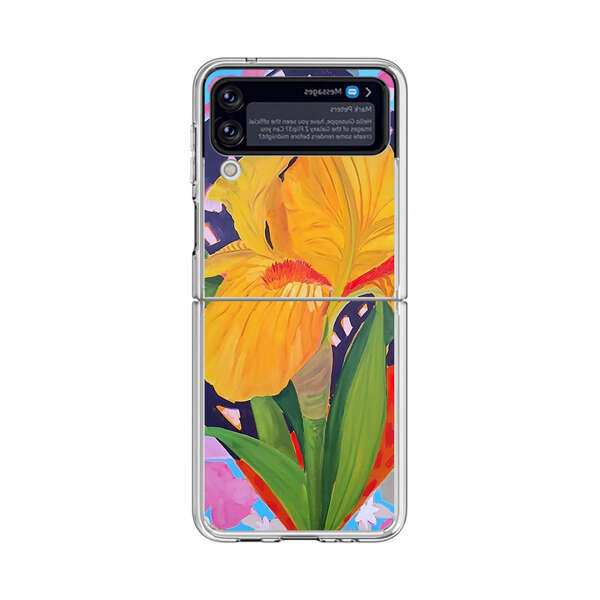 Yellow Iris Flower with Colorful Patchwork Background Samsung Galaxy Z Flip 4 Case